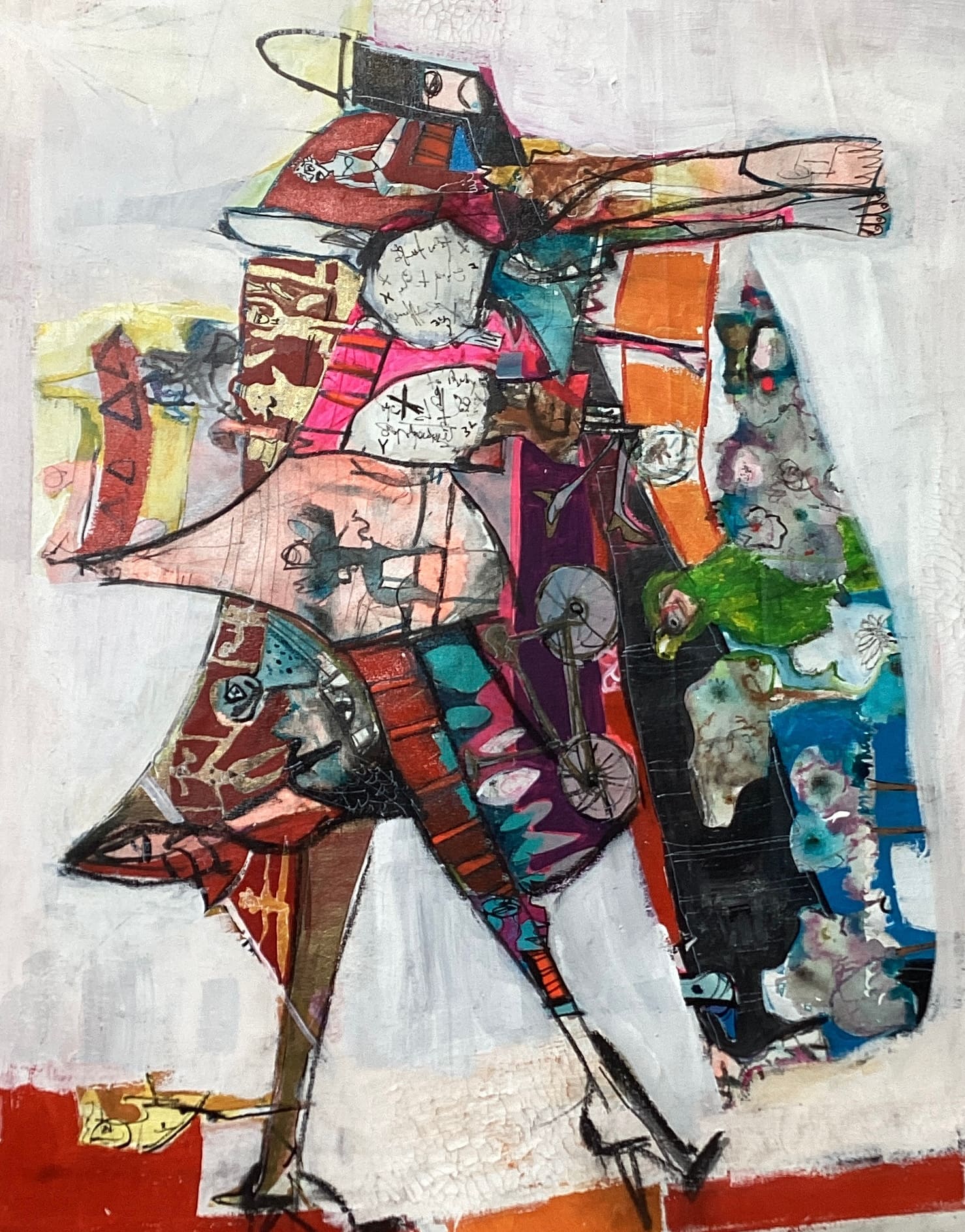Figurative painting of a striding woman in a patchwork of red, pink, teal and orange collaged fabric, acrylic on canvas