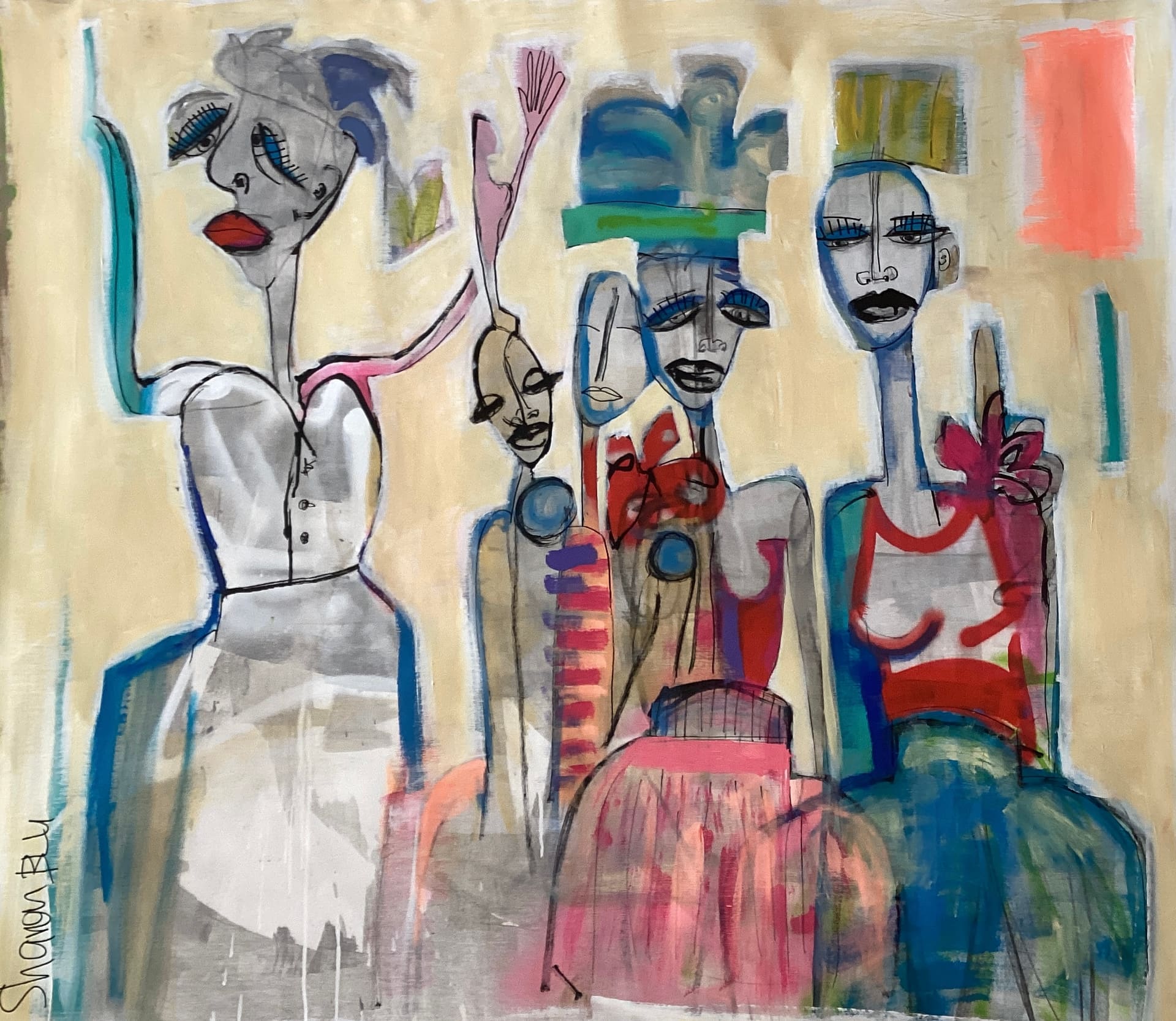 Figurative painting of four elongated mask-like figures in blue, red and pink garments on a beige ground, acrylic on canvas