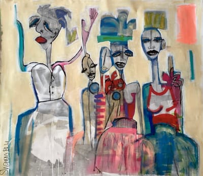 Figurative painting of four elongated mask-like figures in blue, red and pink garments on a beige ground, acrylic on canvas
