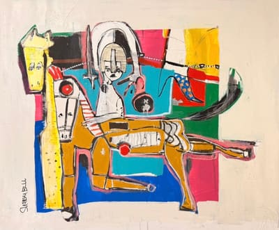 Figurative painting of a helmeted defender with sword and horse amid pink, blue and yellow blocks, mixed media on canvas