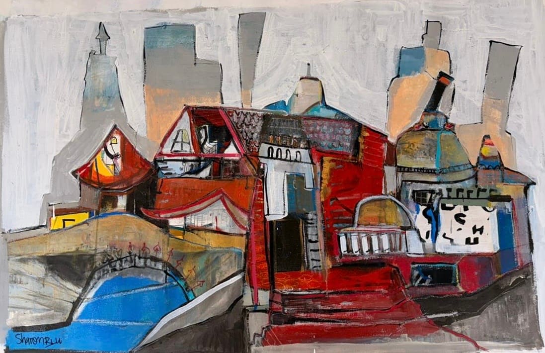Painting of a layered cityscape with red rooftops, a blue boat and gray towers under a pale sky, mixed media on canvas
