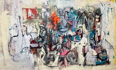 Abstract painting of faint figures dissolving into a pale cream ground with bursts of orange and teal, acrylic on canvas