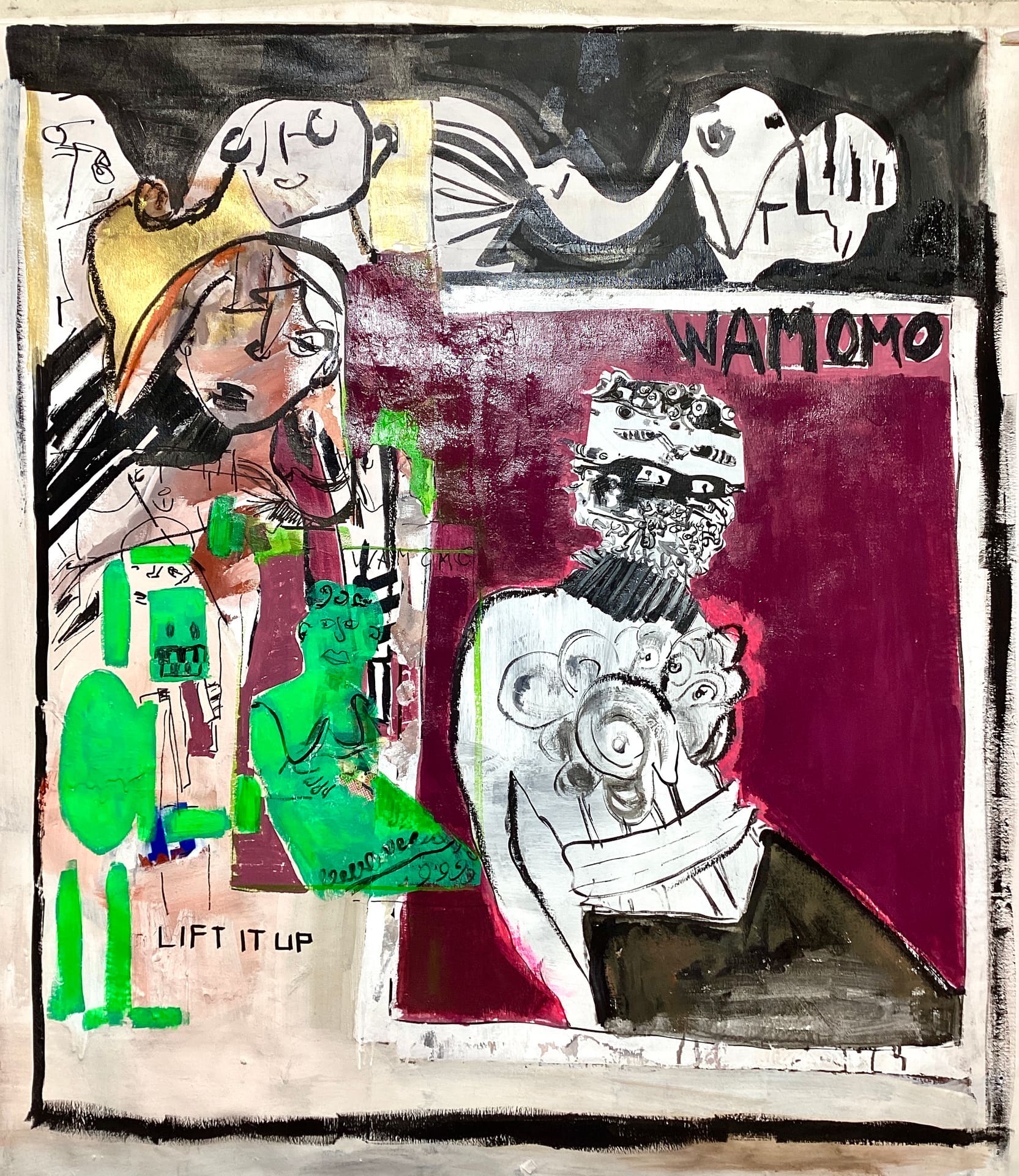 Figurative painting of sketched faces and text over black, white and burgundy panels with green figures, acrylic on canvas