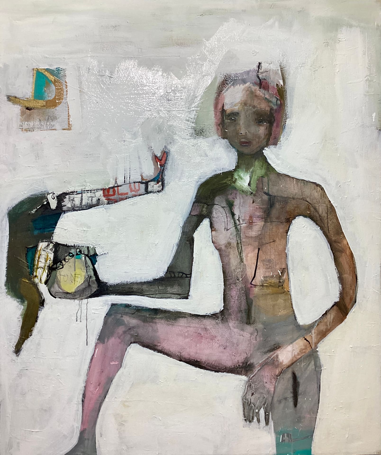 Serene figurative painting of a slender woman in muted earth and rose tones on a textured white ground, acrylic on canvas