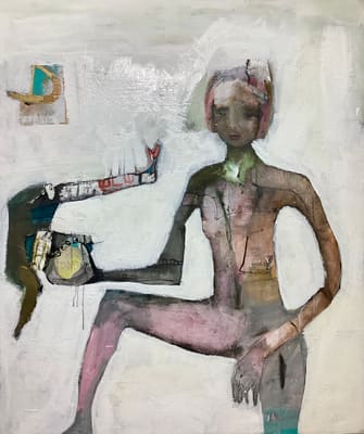 Serene figurative painting of a slender woman in muted earth and rose tones on a textured white ground, acrylic on canvas