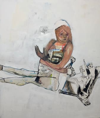 Figurative painting of a seated woman clutching an empty box against a soft white background, acrylic on canvas