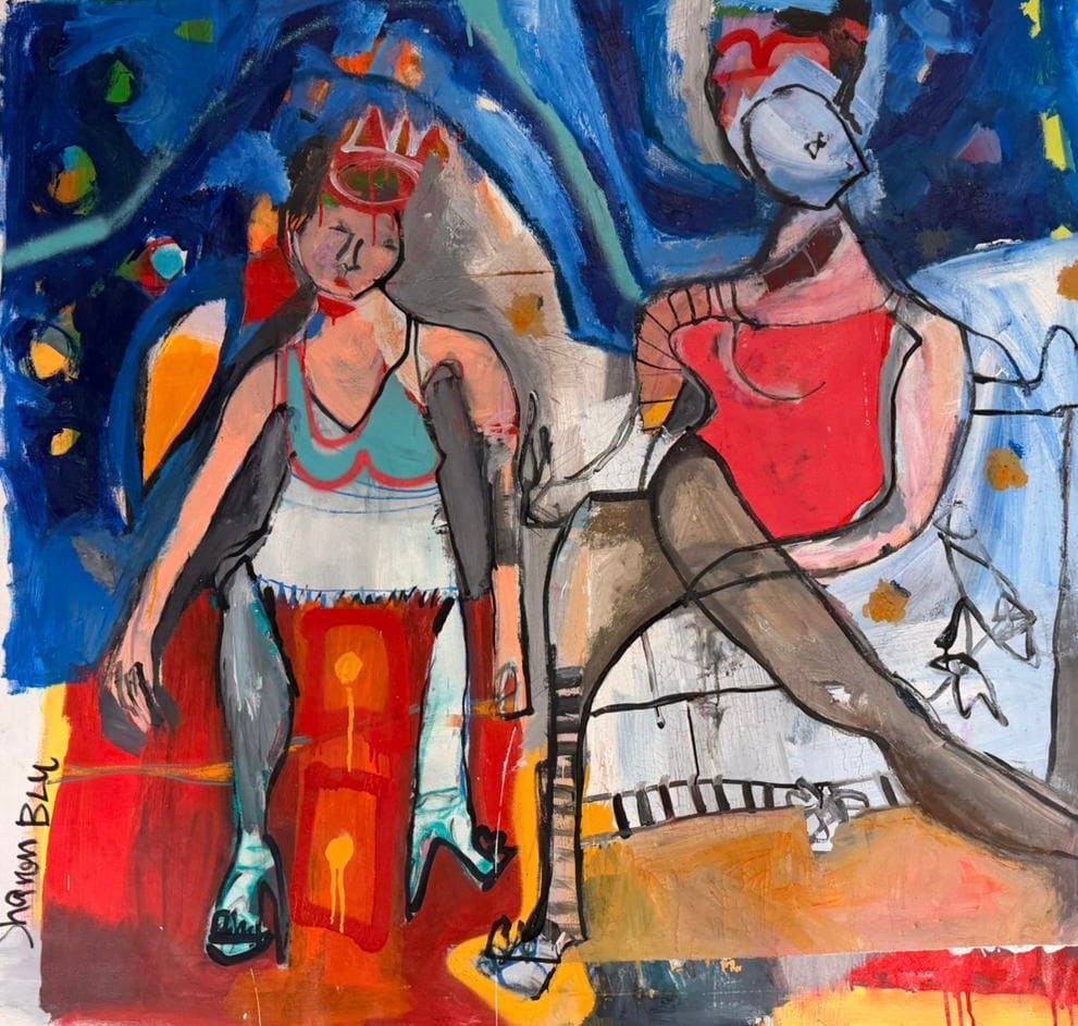 Expressive painting of two seated women in red and teal against deep blue and fiery orange, acrylic on canvas