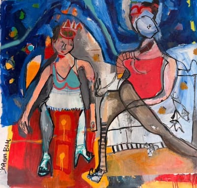 Expressive painting of two seated women in red and teal against deep blue and fiery orange, acrylic on canvas