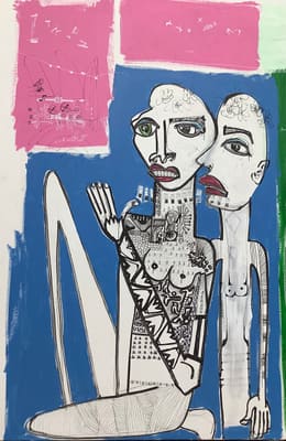 Figurative painting of two pensive women in intricate line work against pink, blue and green blocks, acrylic on canvas