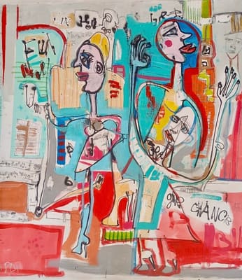 Expressive painting of two stylized figures with graffiti-like marks in turquoise, red and cream, acrylic on canvas