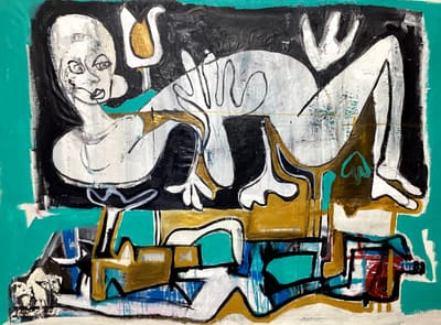 Expressive painting of a reclining pregnant woman in black, white and gold on a turquoise ground, acrylic on canvas