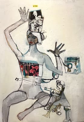 Expressive painting of a startled woman raising her hands beside a small figure, ivory and black tones, acrylic on canvas