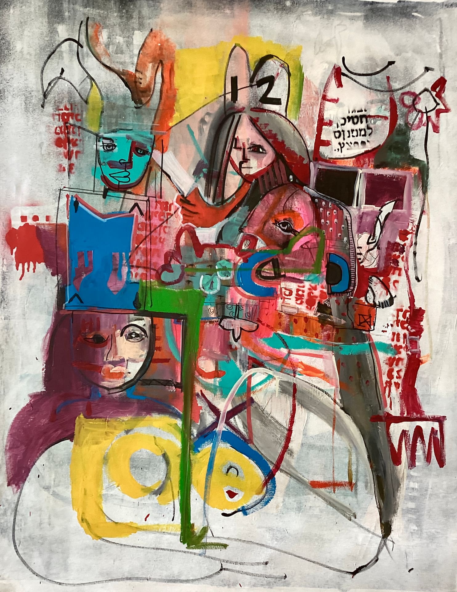 Layered urban painting of overlapping faces, a horse and graffiti marks in red, yellow, blue and green, acrylic and spray paint