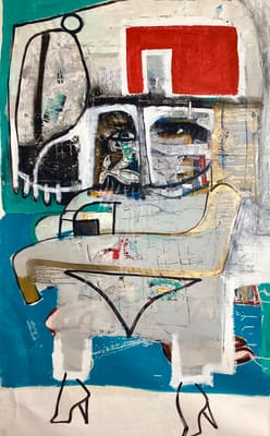 Textured figurative painting of a baker figure in heels against collaged receipts in teal, red and gold, acrylic on canvas