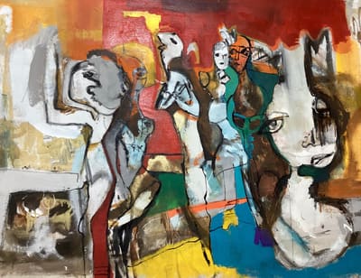 Figurative mixed-media painting of abstracted figures gathering amid warm reds, ochres and cool blues, acrylic and ink