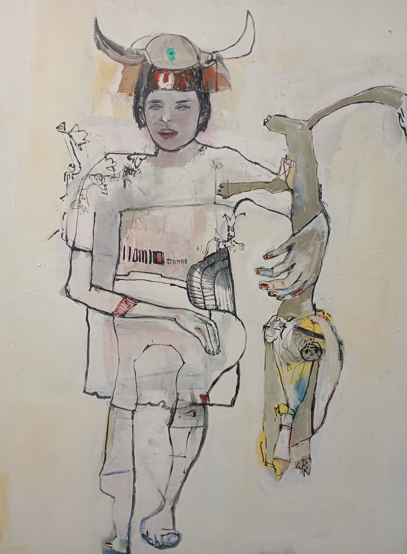 Minimalist figurative painting of a hunter in a horned helmet beside an animal form, muted cream tones, acrylic on canvas