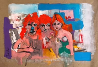 Expressive painting of three women with flame-orange hair against blue and purple color blocks, mixed media on canvas