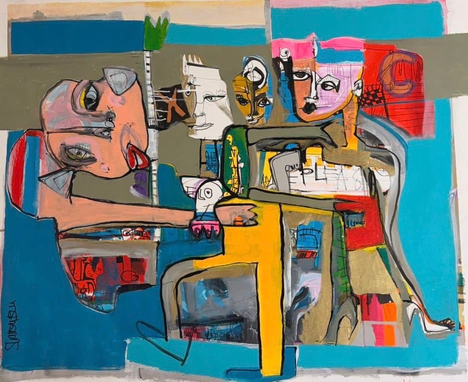 Figurative painting of interlocking faces and figures in teal, olive, yellow and red geometric blocks, mixed media on canvas