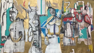 Painting of five mythical guardian figures with horned masks on a shimmering gold and teal ground, acrylic on canvas