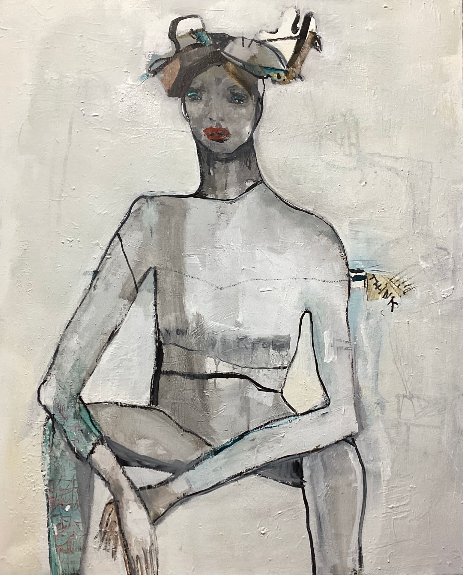 Quiet figurative painting of a seated woman in soft grey and white tones with red lips, textured acrylic on canvas