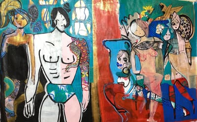 Figurative painting of stylized women with patterned bodies in teal, red, gold and black, acrylic on canvas