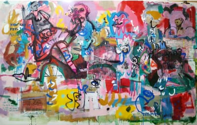 Graffiti-inspired abstract painting of figures and scrawled text in chaotic pinks, blues, yellows and reds, acrylic on canvas