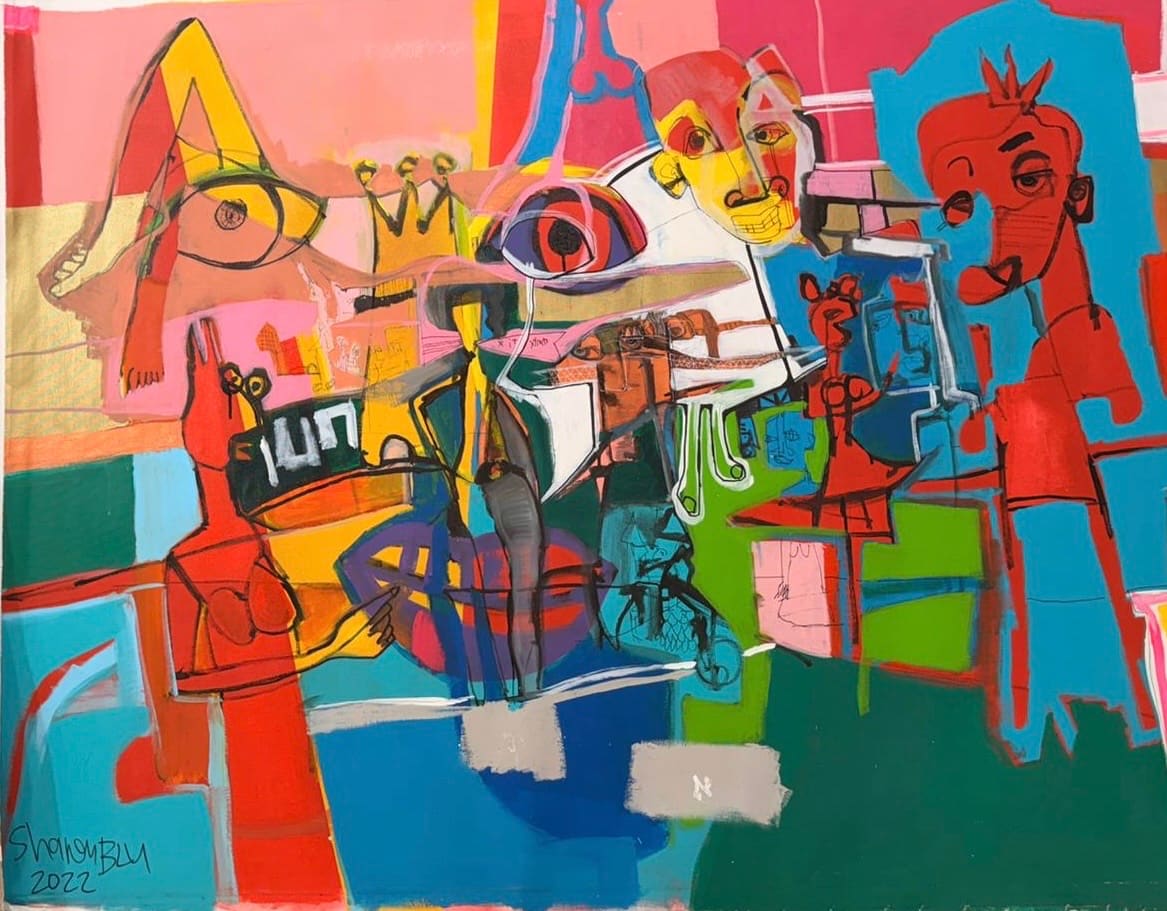 Vibrant abstract painting of fragmented faces, a crown and an eye in red, pink, green and teal, mixed media on canvas
