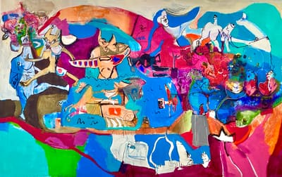 Vibrant painting of figures, horses and bull-headed forms across blue, magenta and teal fields, mixed media on canvas
