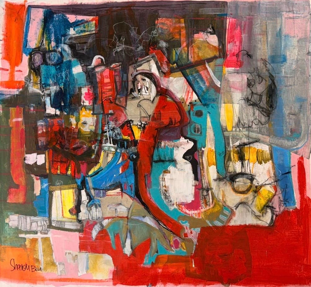 Densely layered abstract painting with fragmented figures in vivid red, teal, blue and black, acrylic on canvas
