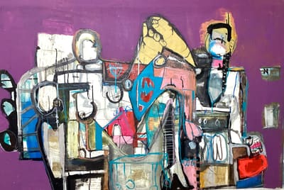 Figurative painting of two travelers with luggage against a deep purple ground with teal and pink accents, acrylic on canvas