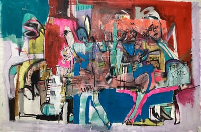 Expressive painting of figures gathered in an interior of bold reds, blues and pinks, acrylic on canvas