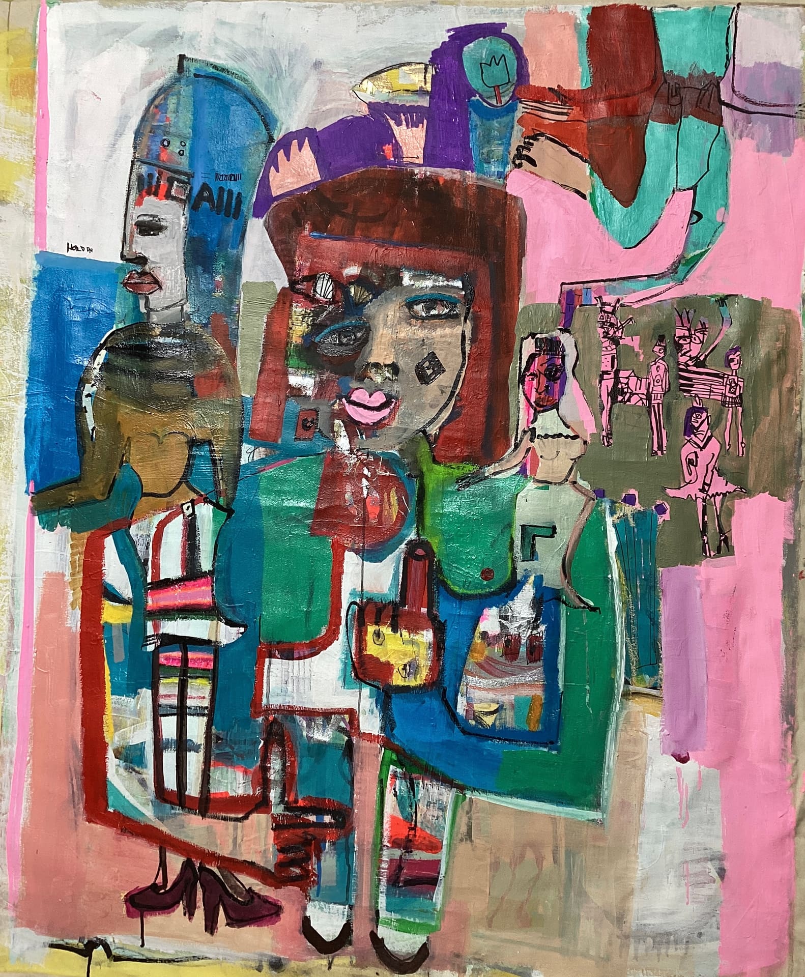 Expressive painting of stylized mask-like figures against pink and teal color blocks, acrylic and fabric on canvas