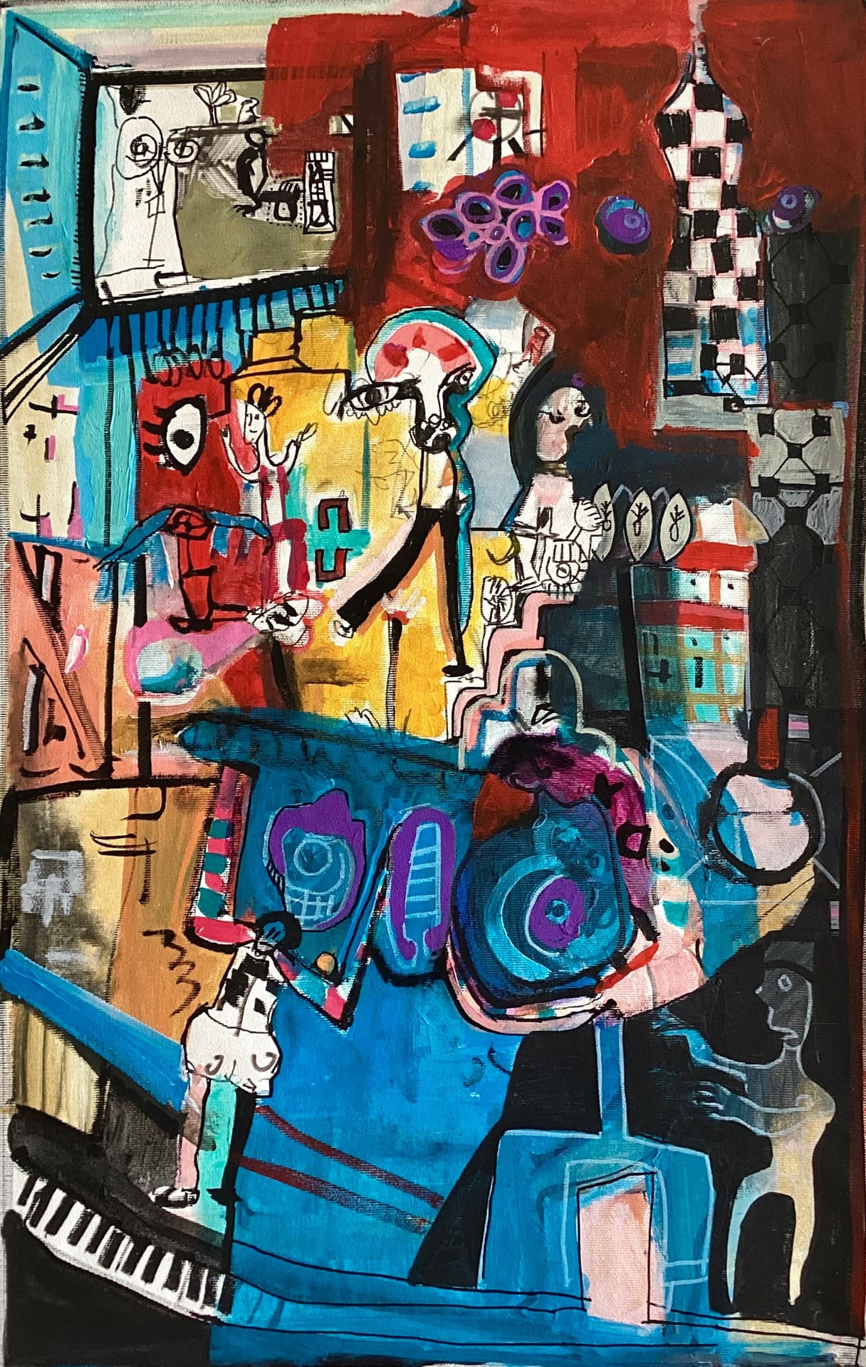 Vibrant painting of layered figures and city fragments in bold blue, red, turquoise and yellow, acrylic on canvas