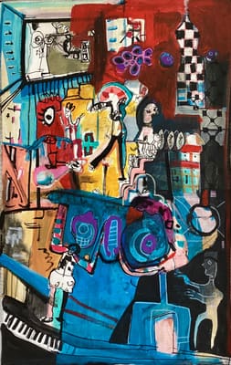 Vibrant painting of layered figures and city fragments in bold blue, red, turquoise and yellow, acrylic on canvas