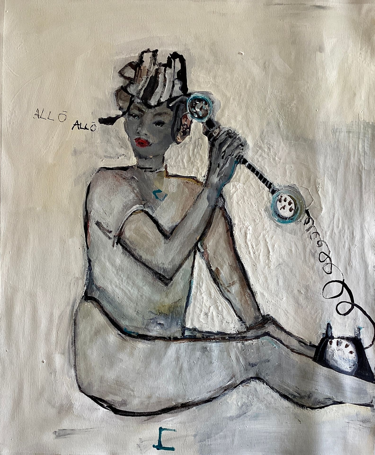 Quiet painting of a seated figure holding a vintage telephone receiver in soft cream and gray tones, acrylic on canvas