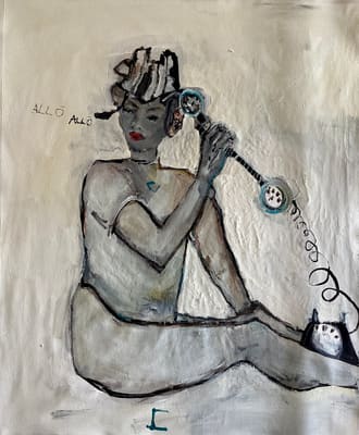 Quiet painting of a seated figure holding a vintage telephone receiver in soft cream and gray tones, acrylic on canvas