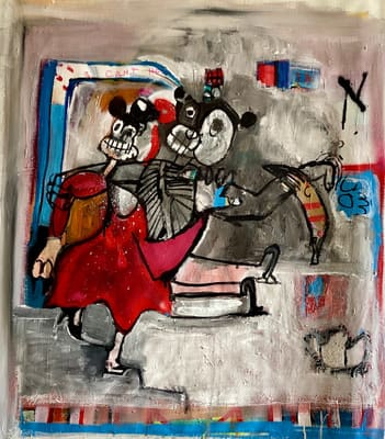 Expressive painting of two grinning cartoon figures dancing, one in a red dress, on gray and white, acrylic on canvas