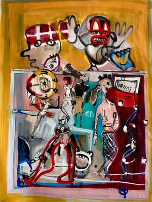 Layered figurative painting of distorted faces and figures framed in bold yellow with pink, red and turquoise, acrylic on canvas