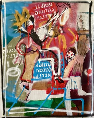 Expressive painting of a woman amid graffiti text and paint drips in vivid red, pink and blue, acrylic on canvas