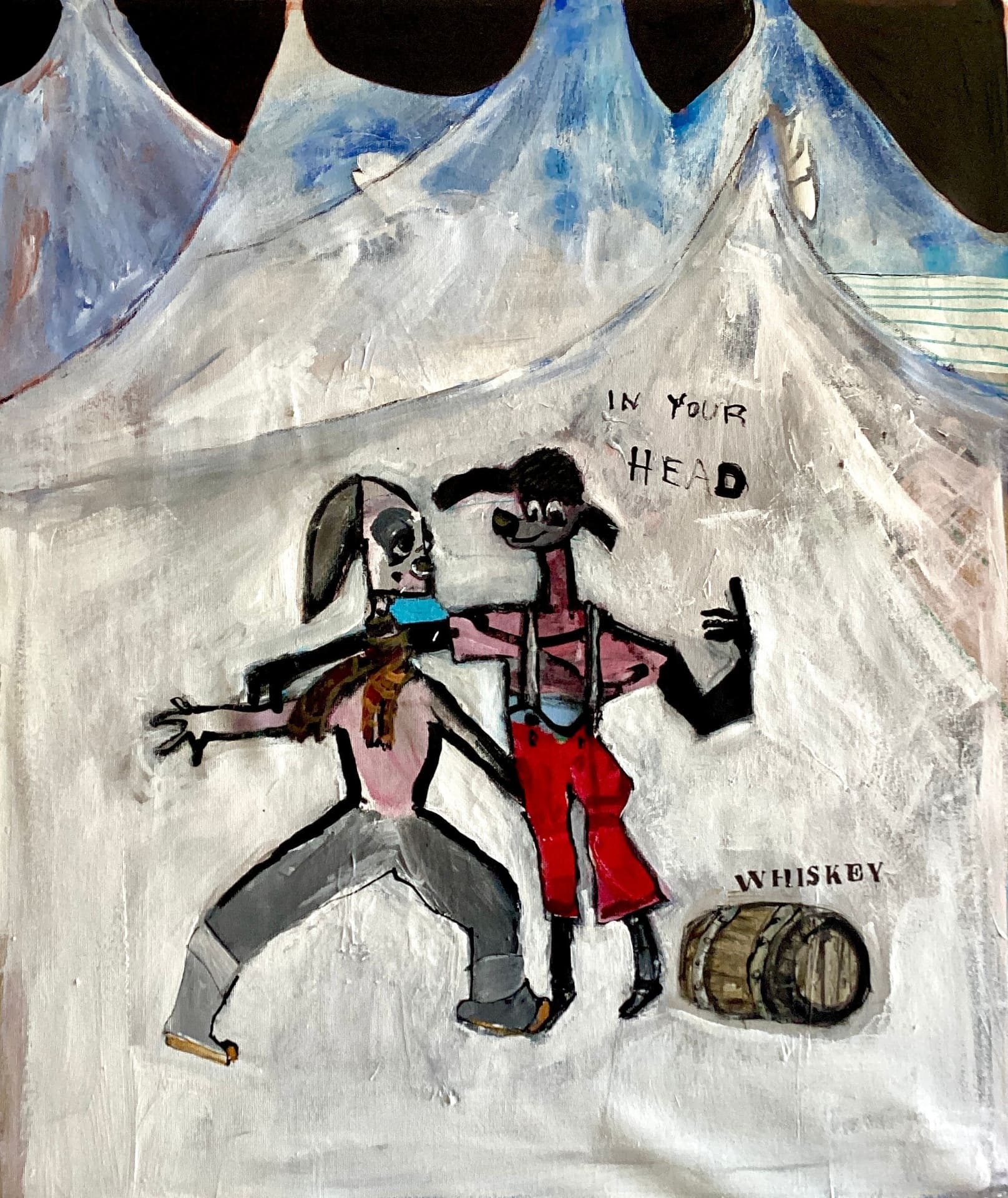 Dreamlike painting of two figures dancing in red and gray beneath pale white mountain forms, acrylic on canvas