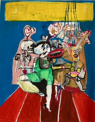 Expressive painting of distorted figures marching over a red floor against blue and yellow blocks, acrylic on canvas