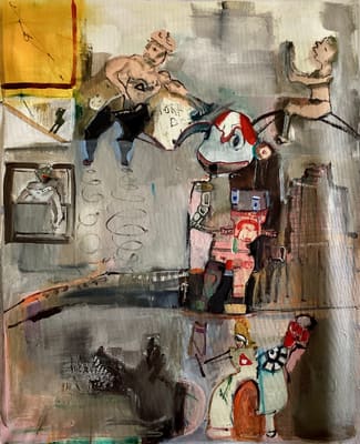 Dreamlike painting of scattered figures and a horned creature in muted gray and beige with red accents, acrylic on canvas
