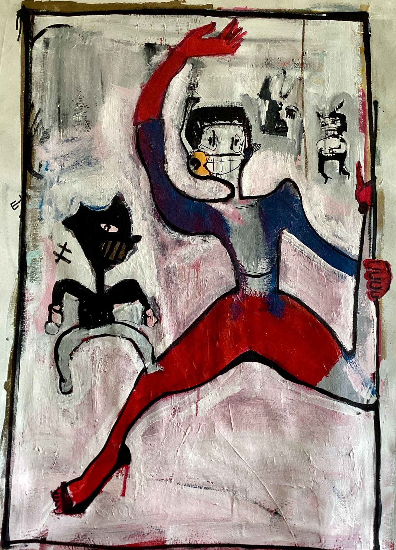 Expressive painting of a leaping fragmented figure in red and blue with a black cat-like character, acrylic on canvas