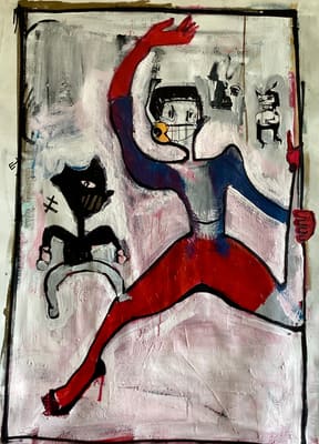 Expressive painting of a leaping fragmented figure in red and blue with a black cat-like character, acrylic on canvas