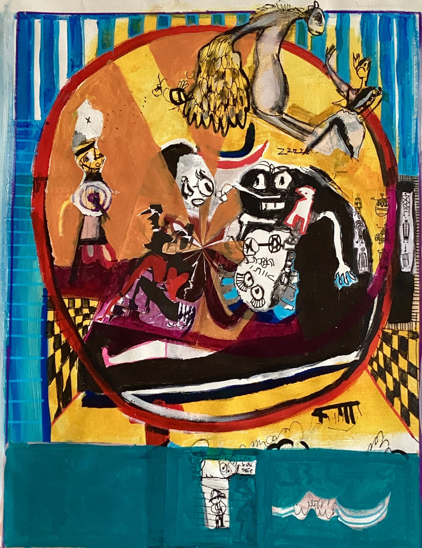 Dreamlike painting of figures and animals crowded inside a large circle in orange, yellow, teal and blue, acrylic on canvas