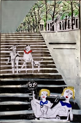 Figurative painting of sketched figures on a gray staircase beneath green trees, in muted black and white, acrylic on canvas